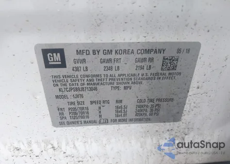 2018 Chevrolet Trax Lt из США, поврежденный, VIN KL7CJPSB9JB713046